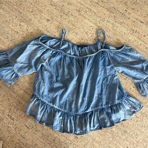 Velvet Heart Denim Distressed Cold Shoulder Top - Blue - Size XL